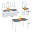 Children activity table set featuring a table, 2 chairs, and a storage bench made of MDF and pine wood for kids'.