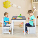 Children's activity table set featuring a table, two chairs, and a storage bench, ideal for playtime and organization.