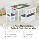 4-piece children's activity table set with 2 chairs and storage bench, made of MDF and pine wood, perfect for playtime.