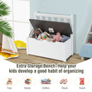 Children's storage bench in white with hidden space for toys and books, promoting organization for kids' play areas.