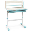 Height-adjustable blue learning desk with storage drawer and tilt desktop for kids aged 3-12, promoting proper posture.