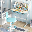 Height-adjustable blue learning desk for kids with storage drawer and tilt desktop, perfect for homework and art.
