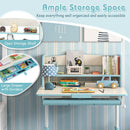 Home school student learning desk in blue with adjustable height, large storage drawer, and open shelves for kids'.