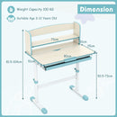 Height-adjustable blue learning desk for kids aged 3-12, featuring a tilt desktop, storage drawer, and scale ruler.
