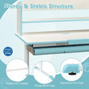 Height-adjustable blue student desk with storage drawer, reinforced crossbar, and strong metal legs for kids aged 3-12.