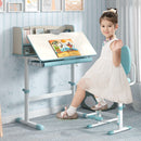 Height-adjustable blue learning desk for kids with storage drawer, scale ruler, and tiltable desktop for comfortable.