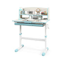 Height-adjustable blue student learning desk with storage drawer, hutch, and tiltable desktop for kids aged 3-12 years.