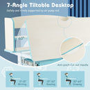 Tilted desktop of the blue height-adjustable learning desk for kids, featuring a scale ruler and anti-pinch cut-out.