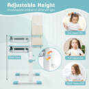 Height-adjustable blue student desk with storage drawer and scale ruler, suitable for kids aged 3-12 years.