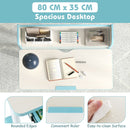 Spacious blue learning desk with adjustable height, built-in scale ruler, and large storage drawer for kids aged 3-12.