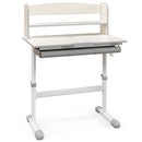 Height-adjustable grey learning desk for kids, featuring a tilt desktop, storage drawer, and hutch for organized study.