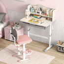 Height-adjustable home school desk with storage drawer, hutch, and tilt desktop for kids aged 3-12 years.