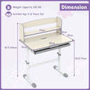 Height-adjustable grey learning desk for kids aged 3-12, featuring a storage drawer and tiltable desktop for.