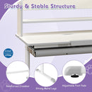 Height-adjustable grey learning desk with storage drawer, reinforced crossbar, and strong metal legs for kids aged 3-12.