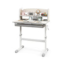 Height-adjustable grey learning desk for kids with storage drawer, hutch, and tiltable desktop for comfortable studying.