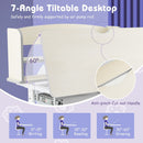 Tilted desktop of the grey height-adjustable learning desk for kids, featuring a scale ruler and anti-pinch handle for.