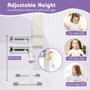 Height-adjustable grey learning desk for kids aged 3-12, featuring a tiltable desktop and large storage drawer.
