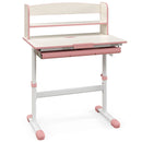 Height-adjustable pink student desk with storage drawer and tilt desktop, ideal for kids aged 3-12 for homework and art.