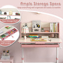 Pink height-adjustable student desk with open storage shelves and large drawer, perfect for organizing study materials.