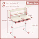 Height-adjustable pink learning desk for kids, featuring a tilt desktop, storage drawer, and scale ruler for ages 3-12.