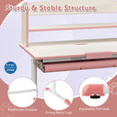 Height-adjustable pink student desk with storage drawer, reinforced crossbar, and strong metal legs for kids aged 3-12.
