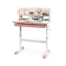 Height-adjustable pink student learning desk with storage drawer and tiltable desktop for kids aged 3-12 years.
