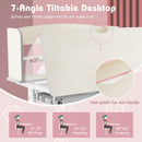 Tilted desktop of a pink height-adjustable student desk, featuring anti-pinch handle and built-in scale ruler for kids.