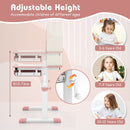 Height-adjustable pink learning desk for kids aged 3-12, featuring a tilt desktop and large storage drawer.