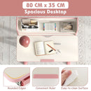 Spacious pink learning desk with adjustable tilt, built-in ruler, and storage drawer for kids aged 3-12 years.