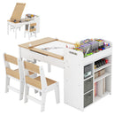 Kids Art Table & 2 Chairs Set w/Paper Roll, Craft Desk w/Flip-up Tabletop - Natural