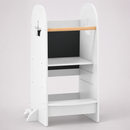 White adjustable wooden kitchen learning tower with chalkboard