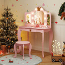 Kids vanity set in pink with crown design, tri-folding mirror, and adjustable LED lights for fun pretend play.