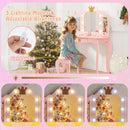 Kids vanity set in pink with tri-folding mirror and adjustable 3-color LED lights for fun pretend play.