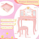 Kids vanity set in pink with tri-folding mirror, 3-color adjustable lights, and matching stool for ages 3-7.