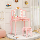 Pink kids vanity set featuring a tri-folding mirror, matching stool, and adjustable LED lights for creative playtime.