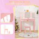 Kids vanity set in pink with tri-folding mirror and adjustable LED lights, designed for stability and fun pretend play.