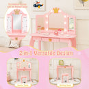 Kids vanity set in pink with tri-folding mirror, adjustable LED lights, and removable top for writing desk use.