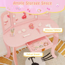 Kids vanity set in pink with tri-folding mirror, pull-out drawer, and adjustable LED lights for pretend play.