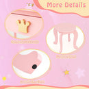 Kids vanity set in pink with crown handle, detachable tri-fold mirror, and matching stool for imaginative play.