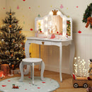 Kids vanity set in white with crown design, tri-folding mirror, and adjustable LED lights, perfect for pretend play.