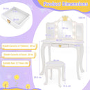 Kids vanity set with tri-folding mirror, adjustable LED lights, and drawer, perfect for pretend play and writing.