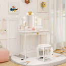 Kids vanity set with crown design, tri-folding mirror, and adjustable LED lights, perfect for pretend play and storage.