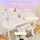 Kids vanity set with spacious tabletop, pull-out drawer, and tri-folding mirror, perfect for pretend play and storage.