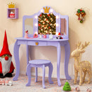 Kids vanity set in purple with tri-folding mirror and adjustable LED lights, perfect for pretend play and storage.