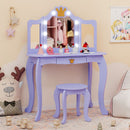 Kids vanity set in purple with a tri-folding mirror and adjustable LED lights, perfect for pretend play and storage.
