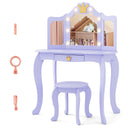 Kids vanity set in purple with tri-folding mirror, adjustable LED lights, and matching stool for pretend play or.