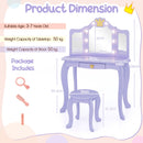 Purple kids vanity set dimensions showcasing a removable tri-folding mirror and adjustable lights, ideal for ages 3-7.