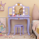 Purple kids vanity stool with curved legs, designed for stability and comfort during pretend play or beauty routines.