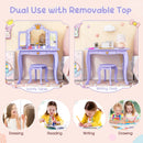 Kids vanity set in purple with removable tri-folding mirror, adjustable LED lights, and matching stool for versatile.