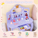 Kids vanity set in purple with tri-folding mirror, adjustable LED lights, and storage drawer for accessories and toys.